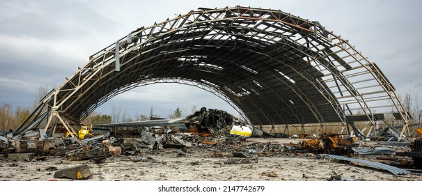 Hostomel, Ukraine. APR 08, 2022 Largest airplane in world ukrainian Mriya AN-225 destroyed on Hostomel airfield during russian invasion to Ukraine