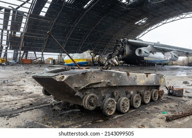 HOSTOMIL, UKRAINE - Apr. 02, 2022: The world-famous AN-225 Mriya, one of the largest airplanes in the world, was destroyed on the Hostomil Airport by Russian troops at 24 february 2022