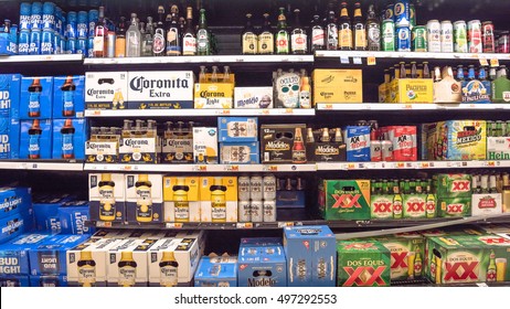 HOSTON,US-OCT 1,2016: Various Bottles Of Craft, Microbrews, IPAs, Domestic And Imported Beers From Around The World On Shelf Display In Kroger Store. Alcohol Drink Different Beer Style. Panorama Style