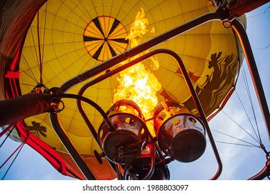 hot air balloon burner with burning flame close up