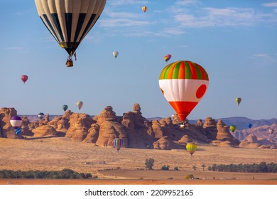Hot Air Balloon Festival over Mada'in Saleh (Hegra) ancient site, Al Ula, Saudi Arabia. was taken in 2020 Mar 18