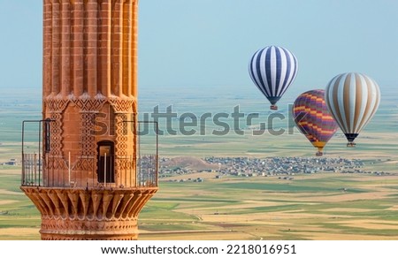 Hot air balloon fly over spectacular mesopotamia - Mardin sehidiye mosque, Mardin, Turkey