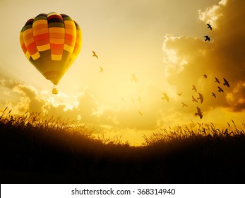 Hot air balloon flying with birds in sunset sky, - Powered by Shutterstock