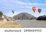 Hot air balloon flying over Teotihuacan pyramids complex located in Mexican Highlands and Mexico Valley close to Mexico City. Mexico