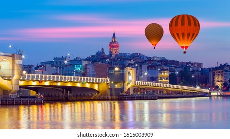 Hot air balloon flying over Galata tower at sunrise -  istanbul, Turkey - Powered by Shutterstock