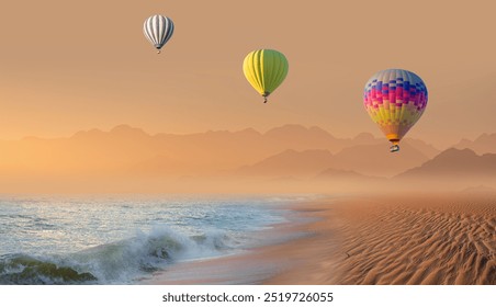 Hot air balloon flying over Namib desert with Atlantic ocean meets near Skeleton coast - Namibia, South Africa - Powered by Shutterstock