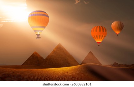 Hot air balloon flying over Giza Pyramid Complex at amazing sunset - Cairo, Egypt