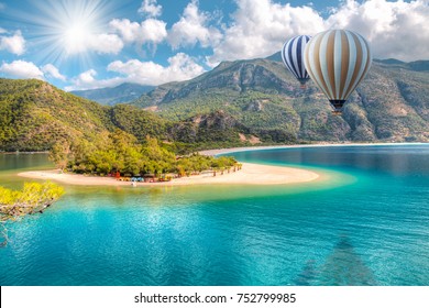 Hot Air Balloon Flying Over Spectacular Oludeniz Lagoon