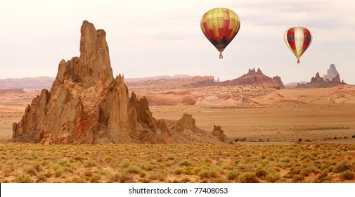 Hot Air Balloon Flying Over New Mexico Desert Landscape