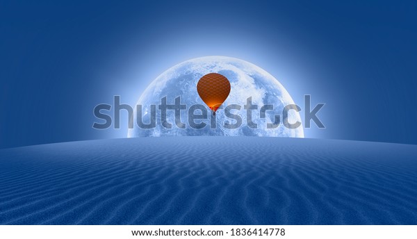Hot\
air balloon flying over desert Night sky with full moon in the\
background \