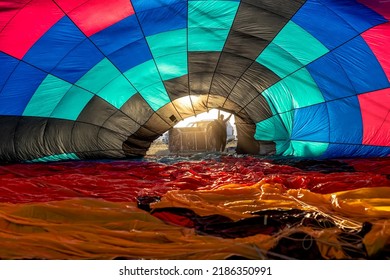 Hot Air Balloon Inside View Against The Sun People Enter The Balloon