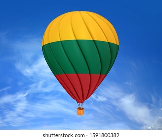 Hot Air Balloon With Lithuania Flag In Blue Sky With Cloud.