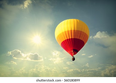 Hot Air Balloon On Sky With Cloud, Vintage Retro Filter Effect