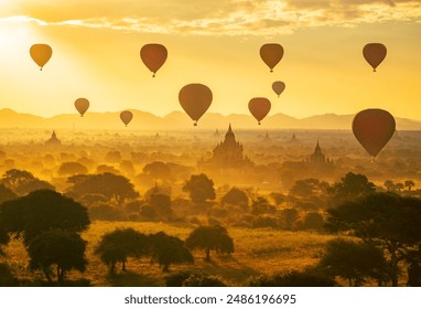 Hot air balloon over plain of Bagan in misty morning, Myanmar - Powered by Shutterstock