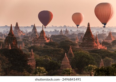 Hot air balloon over plain of Bagan in misty morning, Myanmar - Powered by Shutterstock