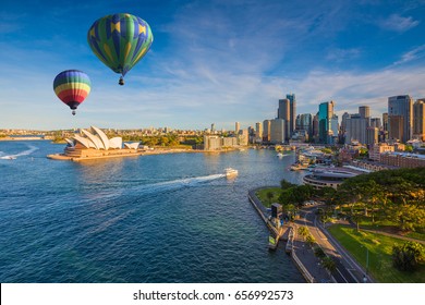 Hot air balloon over Sydney bay in evening, Sydney, Australia - Powered by Shutterstock