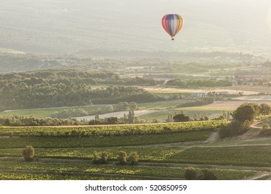 A hot air balloon rises above the vineyards of Provence.