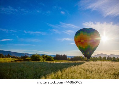 Hot air balloon taking off against the sun.  Napa, California, USA.