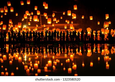 (hot air balloon) Thai people Floating sky Lantern in northern Thai traditional new year , Yi Peng Festival and Loy Krathong festival
