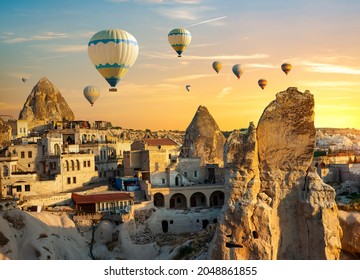 Hot air balloons flying over Cappadocia, Turkey