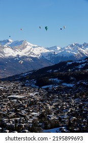 Hot Air Balloons In The French Alps.  Aerial View Of Megeve.  France. 