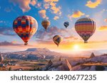 Hot air balloons hovering in the sky on sunrise in Cappadocia, Turkey