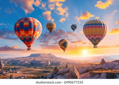 Hot air balloons hovering in the sky on sunrise in Cappadocia, Turkey