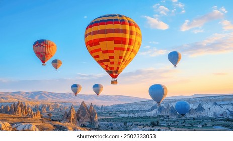 Hot air balloons hovering in the sky on sunrise in Cappadocia, Turkey - Powered by Shutterstock