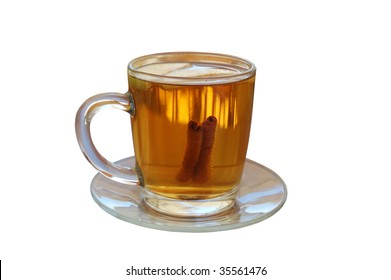 Hot Apple Cider With Two Slices Of Apple And Cinnamon Sticks Isolated On White