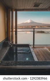 Hot Bath Japanese Onsen In Traditional Ryokan Resort With Beautiful Mt.Fuji View Background At Kawaguchiko Lake, Yamanashi, Japan