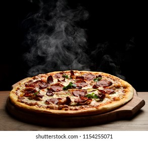 Hot Big Pepperoni Pizza Tasty Pizza Composition With Melting Cheese Bacon Tomatoes Ham Paprika Steam Smoke On Black Background