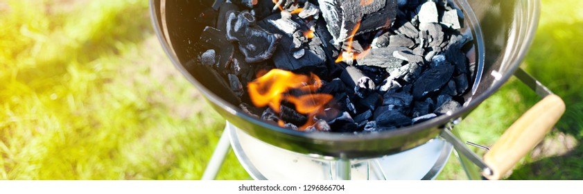 Hot Burning Charcoal, Grill On Fire, Long Banner