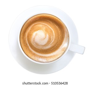 Hot cappuccino coffee spiral foam top view isolated on white background
