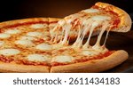 Hot, cheesy mozzarella pizza slice pulled away with delicious cheese pull, classic Italian comfort food freshly baked, served on rustic wood.