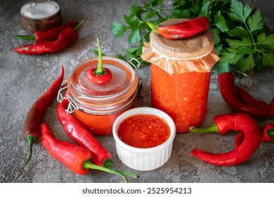 Hot chili pepper sauce in a glass jar on a gray background. Hot sauce of peppers and tomatoes in a jar. Close-up. - Powered by Shutterstock