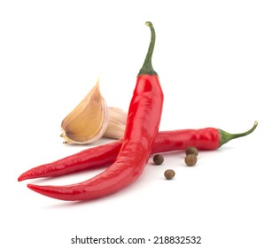 Hot Chili Peppers With Garlic Isolated On White Background