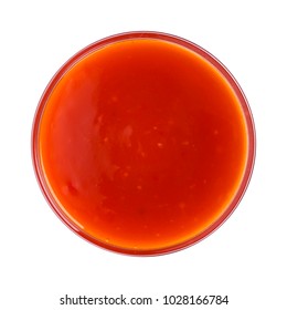 Hot Chilli Sauce In Bowl Isolated On White Background. Top View