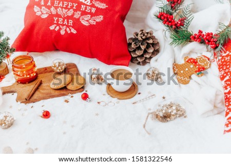 Hot chocolate or coffee cup with Christmas decorations. Still life winter concept. Cozy morning.