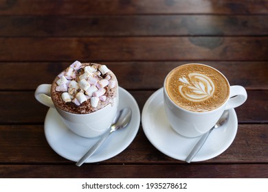 Hot Chocolate Drink with Mashmallow and Flatwhite Coffee
