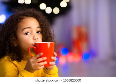 Too Hot Chocolate. Funny African Girl With Cup Of Warm Winter Cocoa On Christmas Eve, Free Space