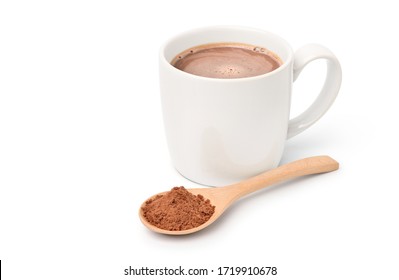 Hot Chocolate Malt Drink In White Mug With Chocolate Malt Powder In Wooden Spoon Isolated On White Background.