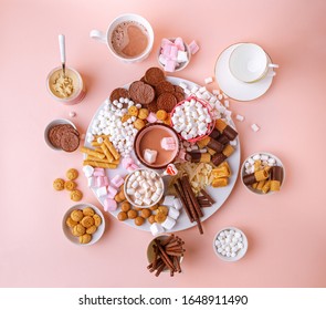 Hot Chocolate, Marshmallows, Chocolates And Cookies Charcuterie Board, Top View, Square Image