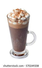 Hot chocolate with marshmallows in glass cup on white