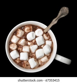 Hot Chocolate With Marshmallows Isolated On Black Background, Photographed From Directly Above.