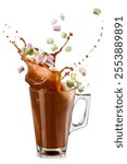 Hot chocolate with mini colour marshmallows splash in a glass on white background, studio shot