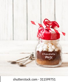 Hot Chocolate Mix With Marshmallow In Glass Jar For Christmas Holiday Drink Or Present.