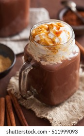 Hot Chocolate With Whipped Cream Caramel In Mason Jar