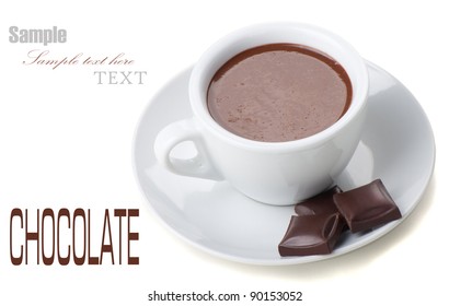 Hot Chocolate In White Cups With Chocolate Bar Over White Background