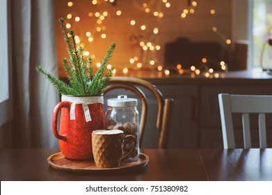 Hot Cocoa With Marshmallow, Fir Branches And Christmas Decorations On Wooden Table In Country House. Cozy Homely Scene, Danish Hygge Concept.