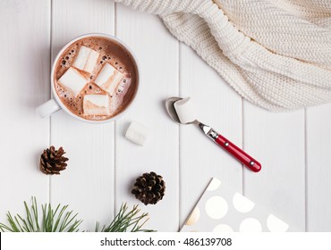 Hot Cocoa With Marshmallows On White Table, Top View